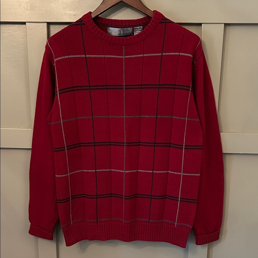 Oscar De La Renta Crew Neck Sweater Red Plaid Cotton Size Medium
